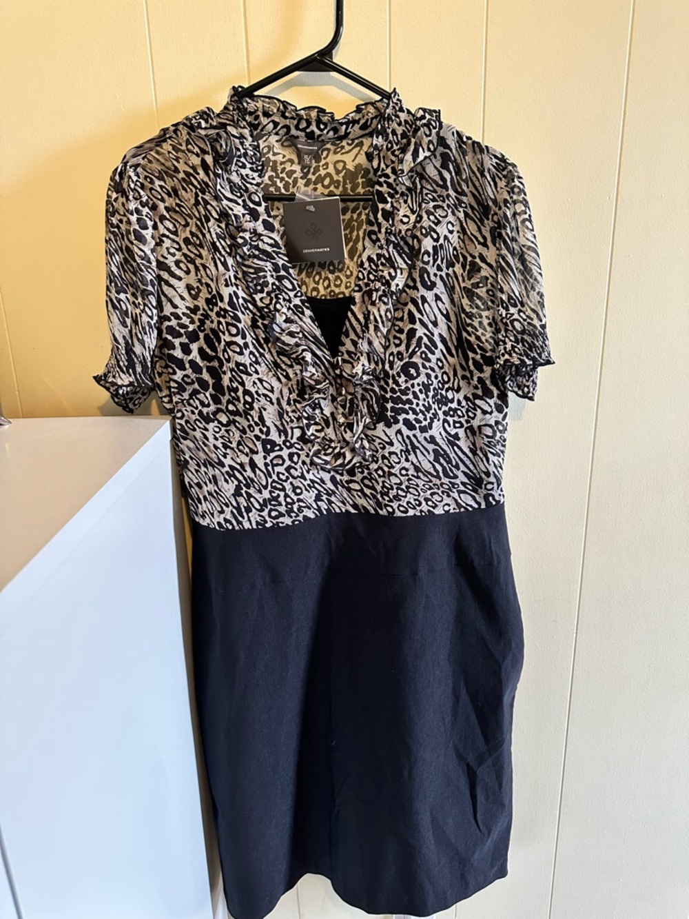 Denver Hayes Animal Print Ruffle Neck Blouse in Black and Cream